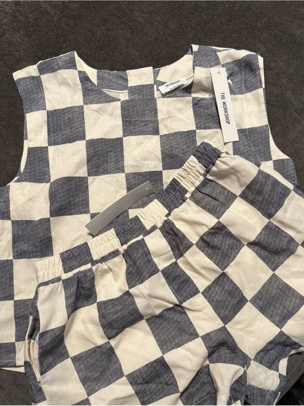 The Workshop Checkered Linen Two-Piece Set in Navy & Cream